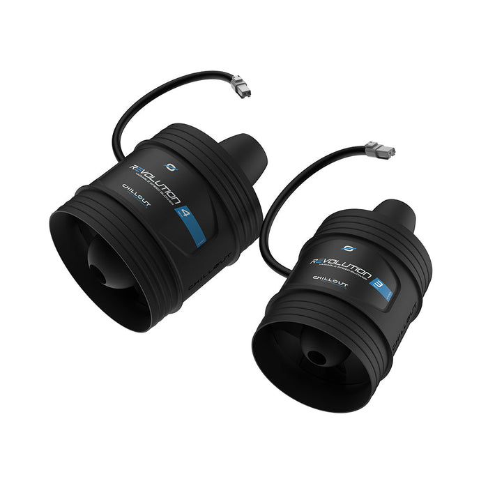 Two black cylindrical devices with 'Evolution Grill Out' branding on a white background