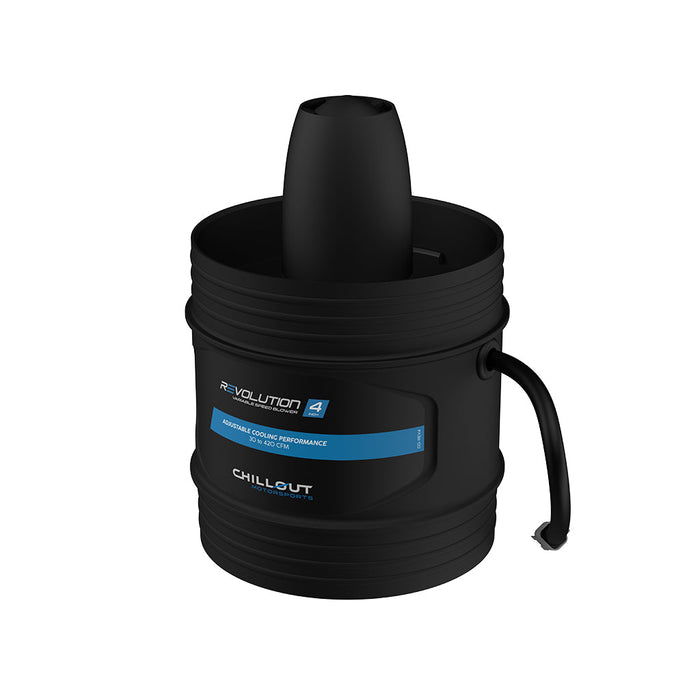 Black cooling device with Revolution 4 branding on a white background